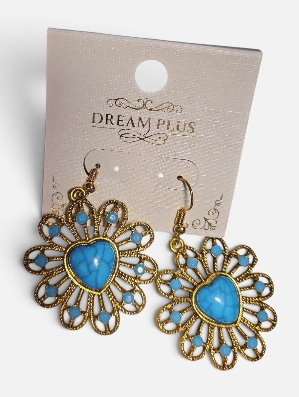 Gold-Tone Floral Heart Turquoise Drop Earrings